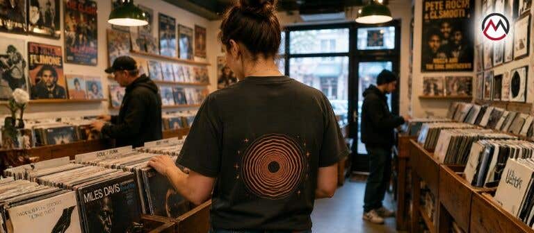 Un DJ escogiendo discos de vinilo en una tienda de discos