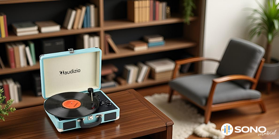 La platine vinyle RP116 en bleu posée sur un meuble