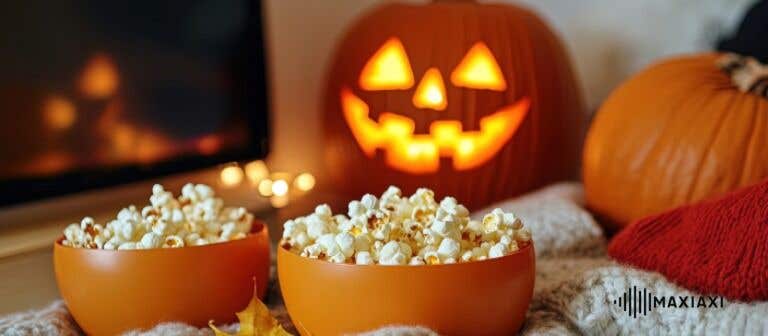 Twee popcorn bakken met een halloween pompoen op de achtergrond
