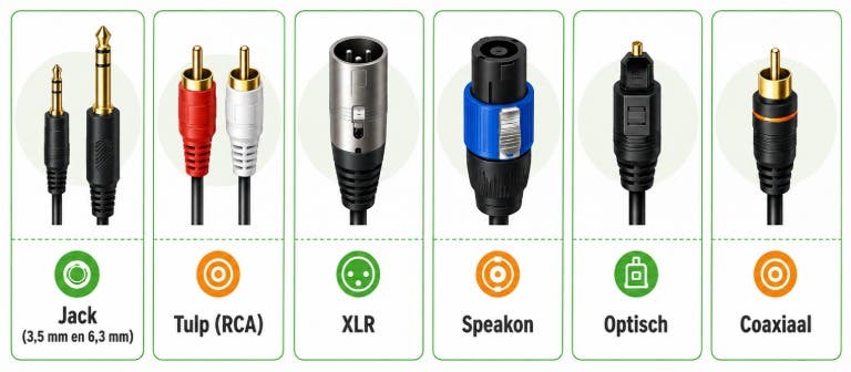 Jack, Tulp, XLR, Speakon, Optisch, Coaxiaal connectoren schematisch naast elkaar