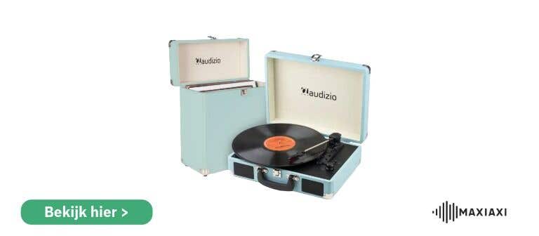 Blauwe Audizio platenspeler in koffer — retro design met ingebouwde speakers en platenkoffer