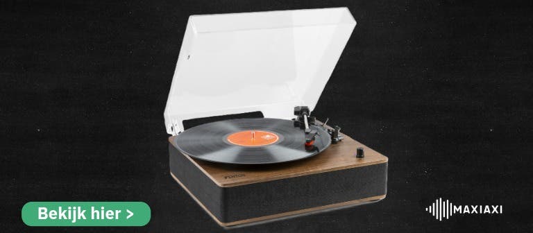 Fenton RP161 platenspeler met houten afwerking — moderne draaitafel met ingebouwde speakers en stofkap