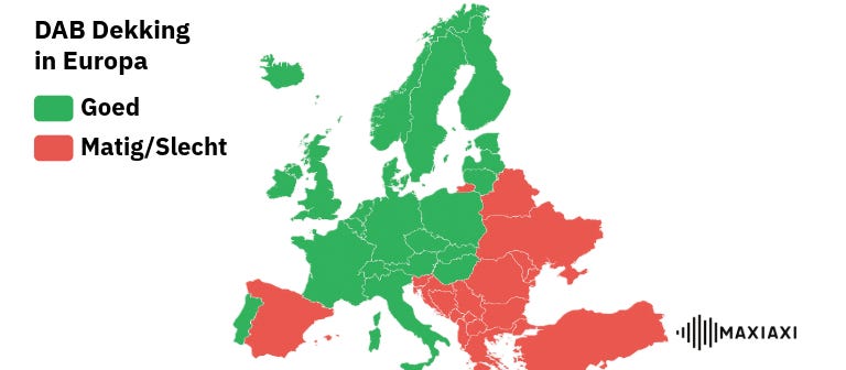 Een kaart van Europa, met daarin de DAB dekking per land