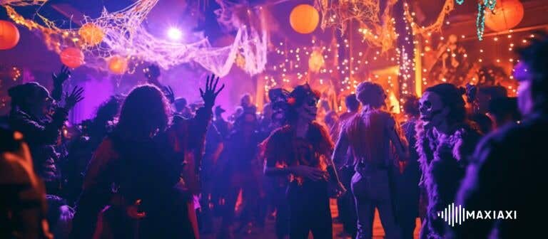 Mensen in Halloween kostuums dansen in een versierde zaal met spinnenwebben, lichtslingers en gekleurde sfeerverlichting.
