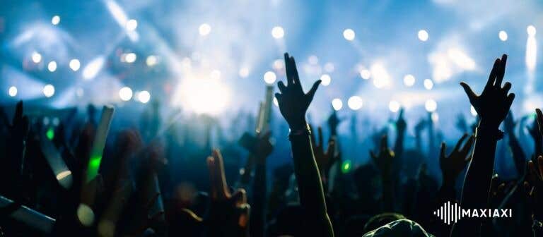 Feestend publiek met opgestoken handen tijdens een muziekfestival — felle lichtshow en energieke sfeer voor het podium.