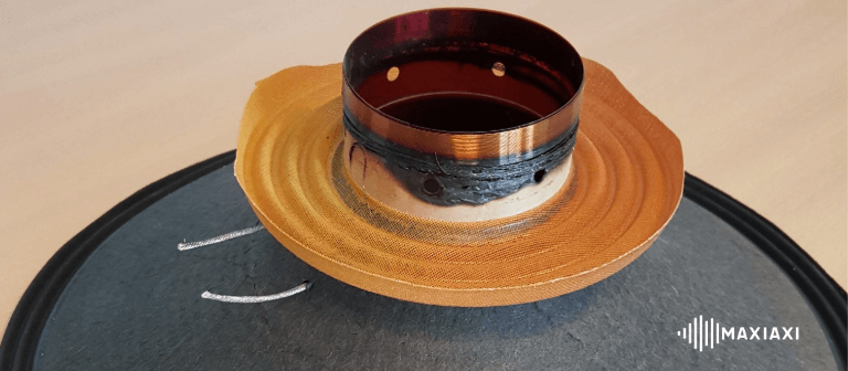 Een opengesneden speaker. Je ziet ook duidelijk de zwarte spoel.