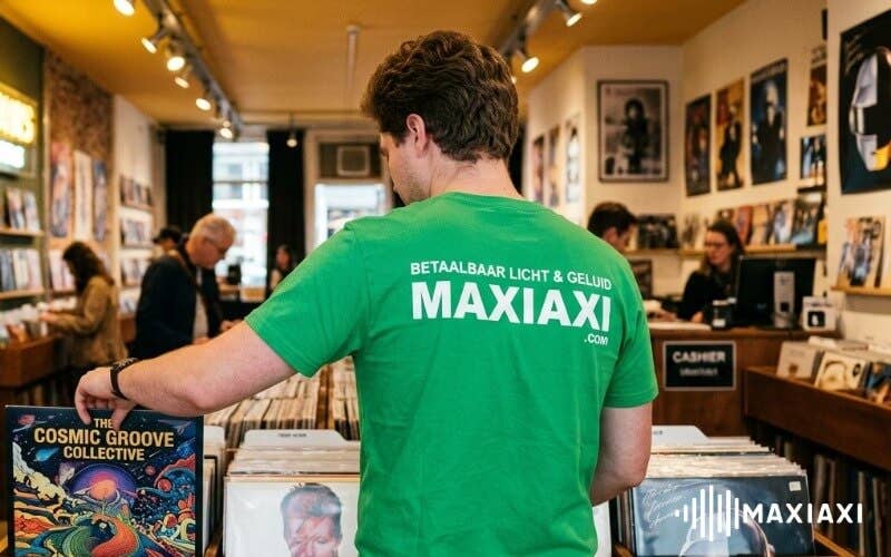 Een DJ die vinylplaten uitzoekt in een platenwinkel