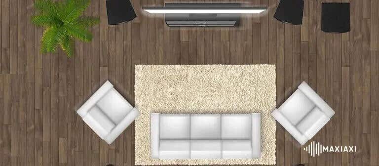 plattegrond van een woonkamer met subwoofer plaatsing