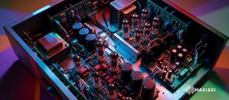 Binnenkant van een versterker met transformatoren en elektronische componenten zichtbaar op de printplaat.