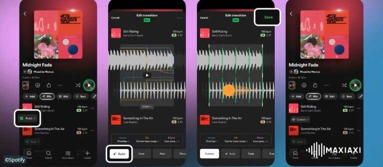 4 telefoons met daarop een uitleg van de mix tool van Spotify