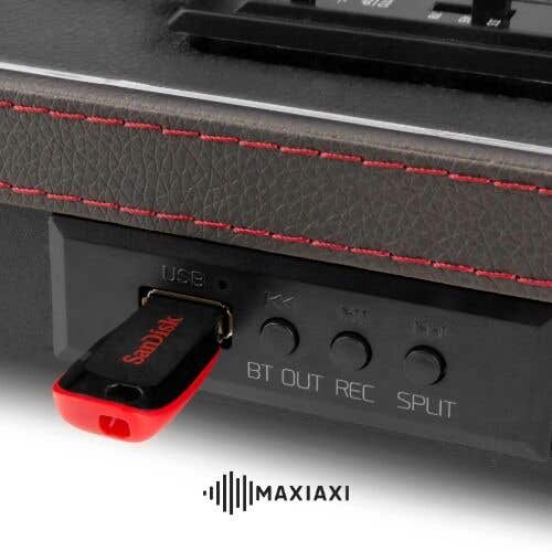 Close up van de Bluetooth knop op een vinyl speler