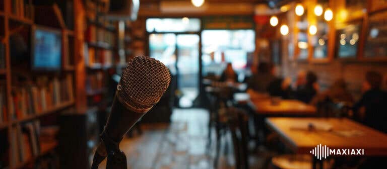 Nahaufnahme eines Mikrofons in einem Cafe