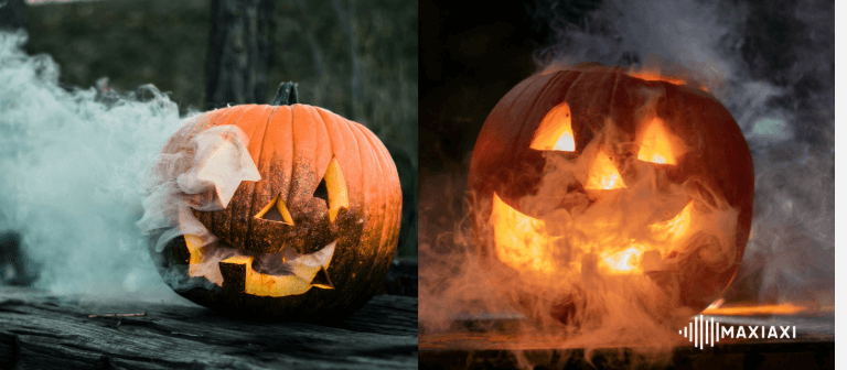 Halloween-Kürbis mit Rauch und ausgehöhlter Kürbis mit Licht
