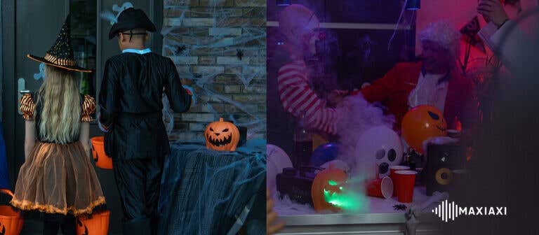 Süßes oder Saures für Kinder mit orangefarbenem Kürbiskorb und Kürbis-Rauchmaschine auf dem Tisch und Halloween-Dekoration
