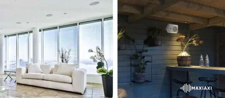 Deckenlautsprecher in einem Haus und Wandlautsprecher unter einem Abdach