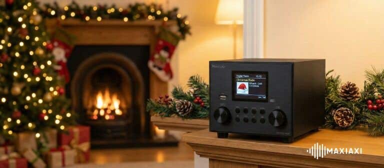 Modernes Audizio Radio auf einer weihnachtlich dekorierten Kommode – gemütliche Szene mit Kaminfeuer, Tannenbaum und Weihnachtsmusik.
