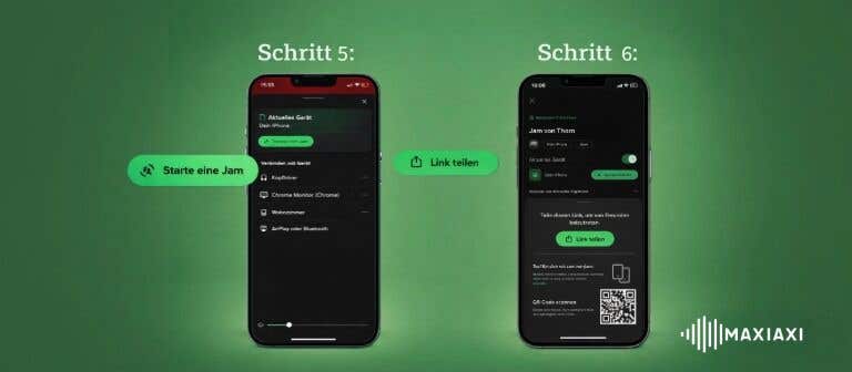 Spotify Jam Einrichtung auf dem Smartphone – Schritt 5 startet eine Jam, Schritt 6 teilt den Einladungslink oder QR-Code.