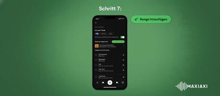 Spotify Jam Funktion auf dem Smartphone – Schritt 7 zeigt das Hinzufügen von Songs zu einer gemeinsamen Playlist.