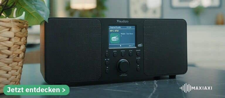 Schwarzes Audizio Genua DAB+-Radio auf einem Tisch – elegantes Digitalradio mit großem Display und klarer Klangqualität