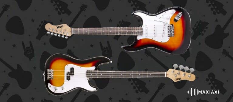 E-Gitarre und Bassgitarre im Sunburst-Design nebeneinander dargestellt als Vergleich von Form und Größe.