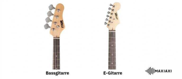 Hälse von Bassgitarre und E-Gitarre im Vergleich mit Beschriftung zur Unterscheidung der Instrumente.