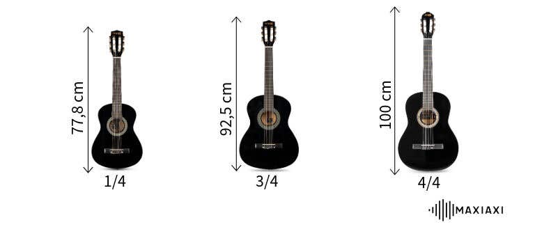 Drei schwarze klassische Gitarren in verschiedenen Größen: 1/4 Gitarre (77,8 cm), 3/4 Gitarre (92,5 cm) und 4/4 Gitarre (100 cm), nebeneinander zum Größenvergleich.