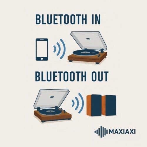 Schematische Darstellung von Bluetooth In und Bluetooth Out bei Plattenspielern
