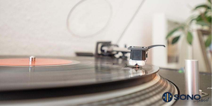 Une platine vinyle avec une plante en fond 