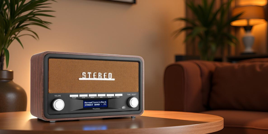 Radio au look rétro posée sur un meuble en bois 